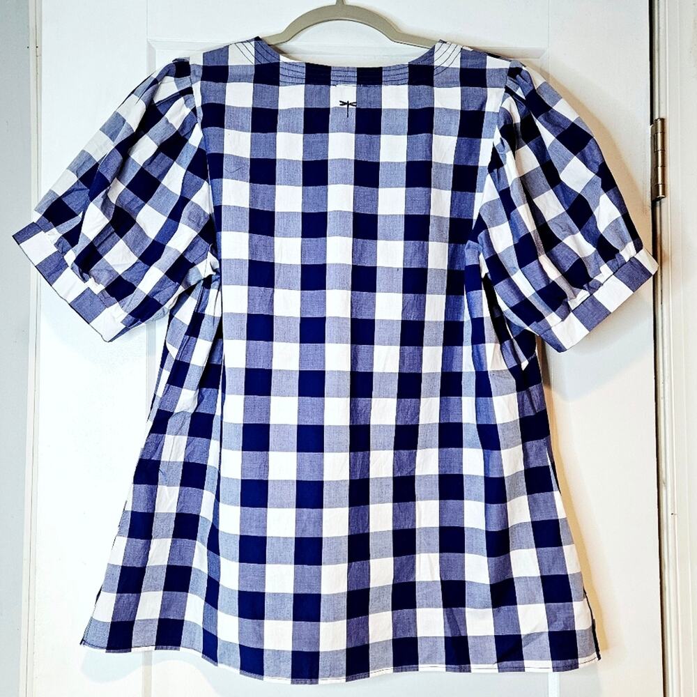 Tyler Boe Blue White Gingham Puff Sleeve Tunic Top Preppy Coastal - Picture 2 of 5